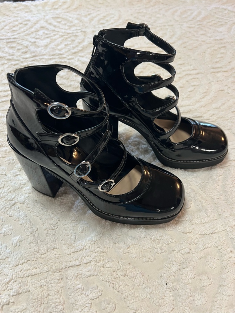 Gianni Bini Black Patent Multi-Strap Block Heel Pumps